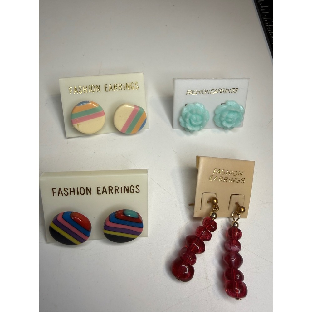 Vintage 80s Fashion Earrings Lot 4 Pairs Striped Floral Studs Red Beaded Dangle